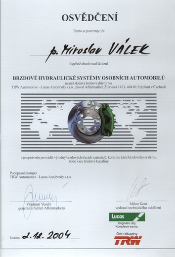 Certifikát Brzdové systémy