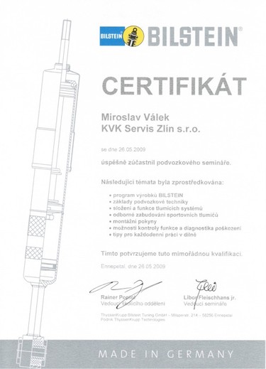 Certifikát BILSTEIN - Miroslav Válek