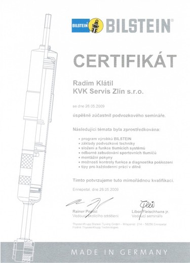 Certifikát BILSTEIN  - Radim Klátil