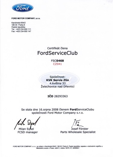 Certifikát FordServiceClub