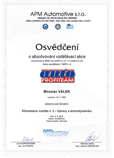 Certifikat klima 1  - Miroslav Válek