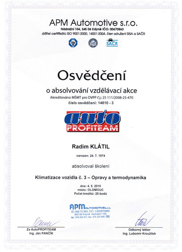 Certifikat klima 1  - Radim Klátil